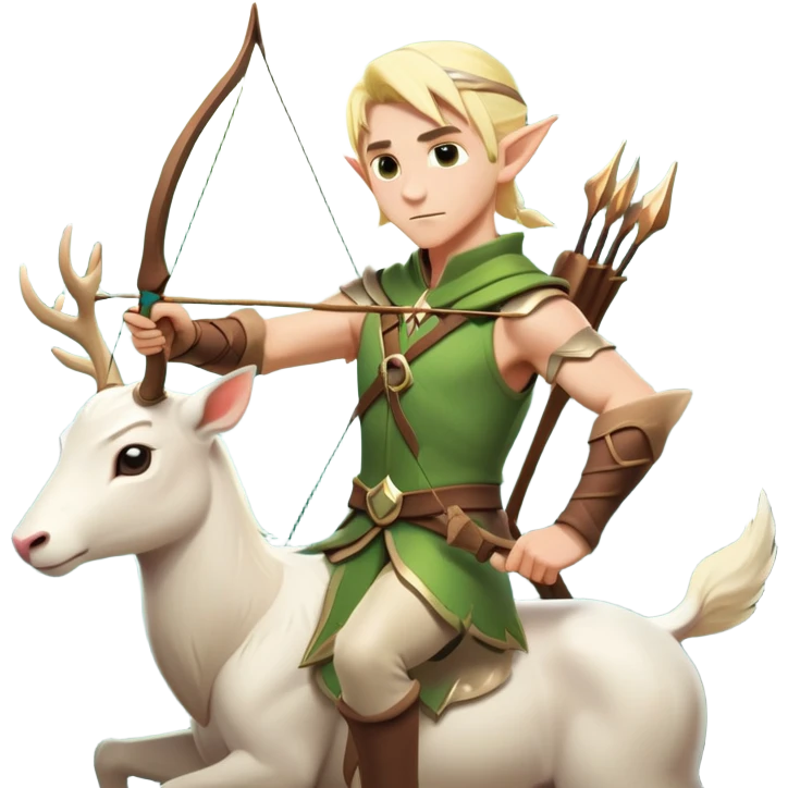 clash-of-clans-aesthetic-blond-male elf-archer-portrait-emoji, rendered in a flat, vector-style with minimal shading and bold holding his bow, simplified shapes, head tilted slightly forward with a determined, focused expression, riding a majestic white stag whose antlers glow with mystical energy, set against an ancient, enchanted forest backdrop. emoji