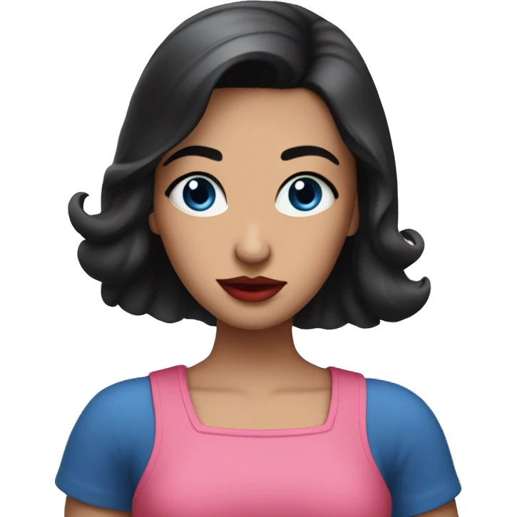A girl with black hairand blue eyes and red lips and pink top and blue skirt emoji