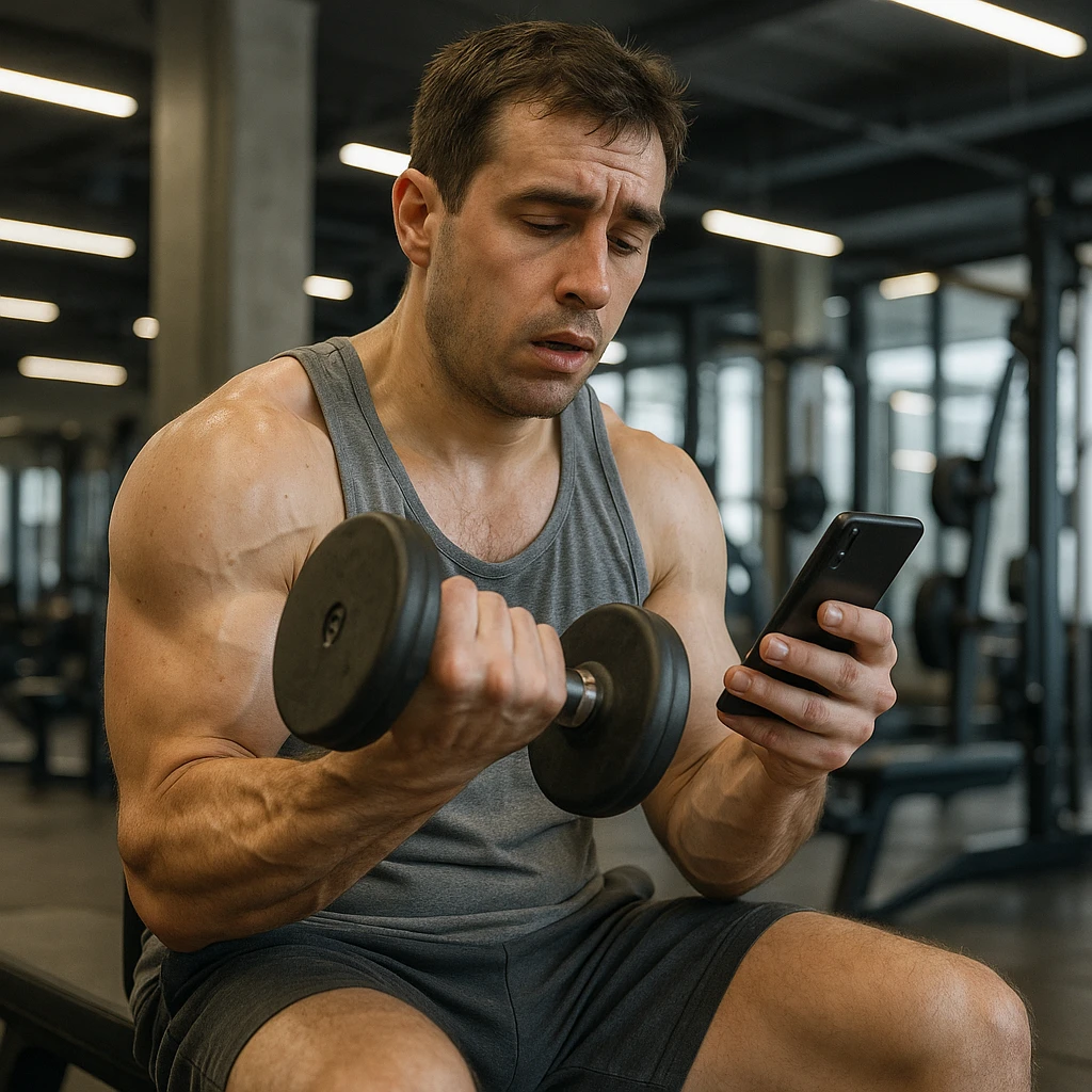 hyper realistic man in gym doing high repetitions, distracted looking at phone, atmosphere of inefficacy, anatomical details, modern gym background emoji