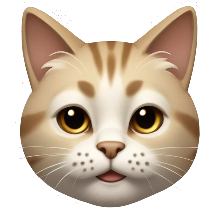 a cat that looks low poly with shade smoothing mid sized black eyes with a white shine, light brown fur color, and a cute cat smirk (a 3 shaped mouth) :3, and the cats name is car (its not a car its a cat) emoji