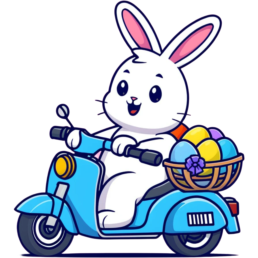 Easter bunny riding a BMW boxer motorcycle with trees and grass in the background, colorful Easter eggs hidden in the grass, and more bunnies watching from the side of the road emoji
