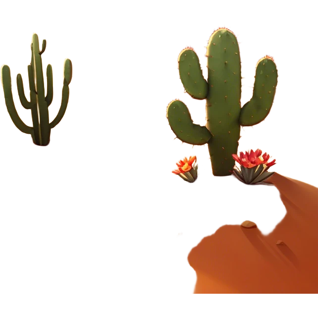 Cinematic Realistic Desert Emoji, Expansive and arid, with vast stretches of golden sand dunes and scattered cacti, the sun casting a warm, almost orange glow over the dry, cracked earth. The horizon blurs into a heat shimmer, while the occasional desert flower adds a splash of color to the barren landscape. Soft glowing outline, capturing the essence of the harsh yet stunning beauty of the desert, calm and quiet, filled with silence and mystery. emoji