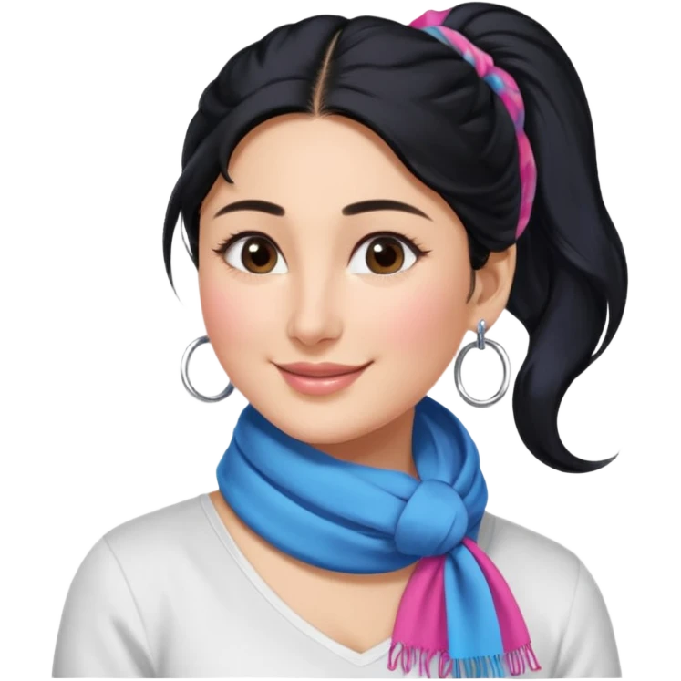 generate a pretty bratz emoji that looks like Kareena Kapoor's Geet character. 
Make her wear a white shirt with a colorful blue-pink scarf wrapped around her neck. smiling big. Black hair tied into a side part ponytail, silver hoops and no necklace

She should look exactly  like Kareena Kapoor emoji