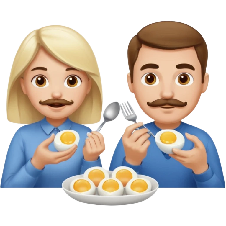 White blonde girl and white man with brown hair and mustache eating eggs  emoji