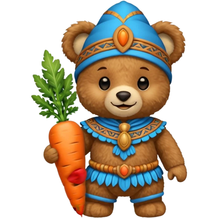 teddy bear, wearing blue mayan ancient custome, with carrot half body emoji