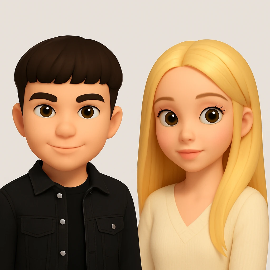 Place these two 3d-emoji style characters side by side on one image, as two separate emojis, no interaction, neutral background emoji