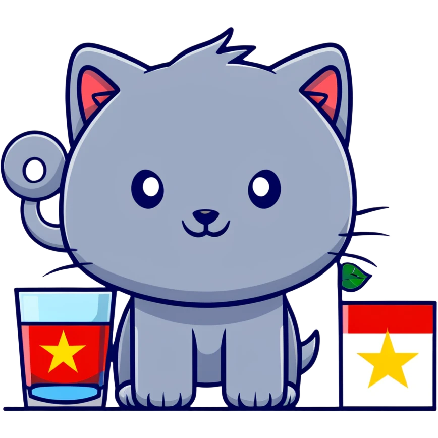 cat, dog, wolf, Vietnam flag, tree, elephant, and a glass all together in cartoonish sticker style emoji