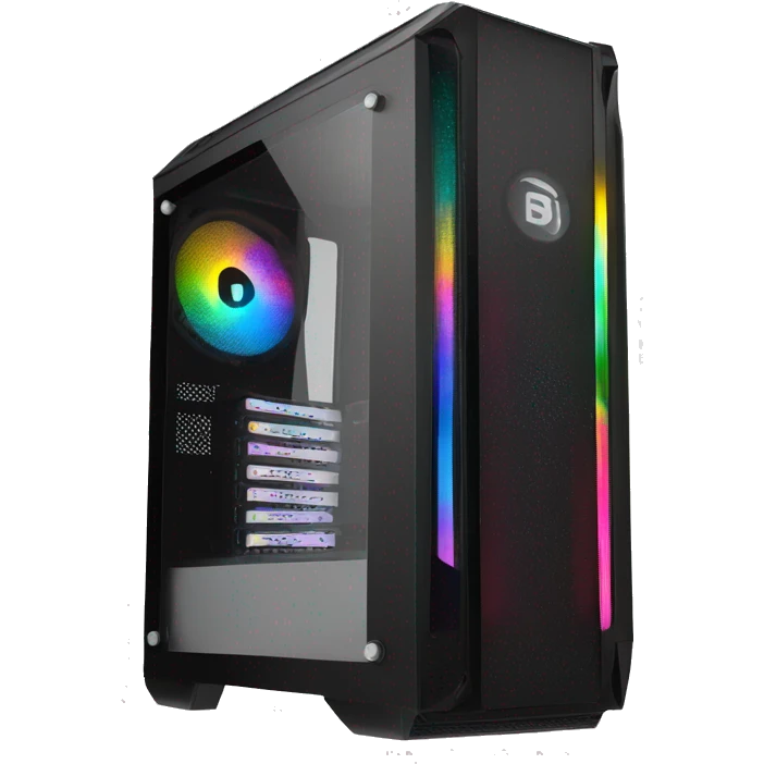 Black gaming PC RGB mid-tower case with glass side panel emoji