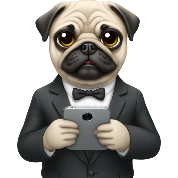 Pug holding phone in suit emoji