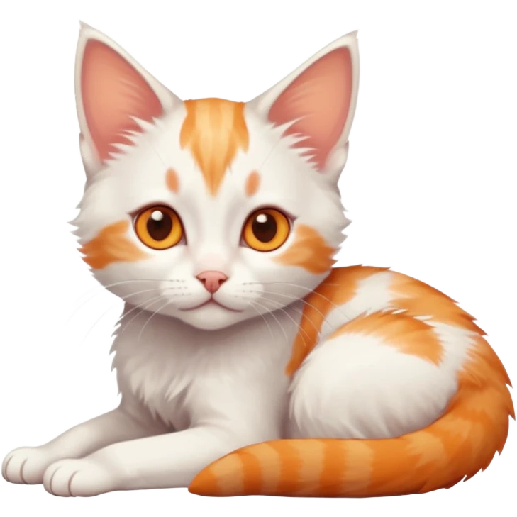 full body of very small + skinny ginger and white kitten with deep orange eyes and triangular shaped face lying down emoji