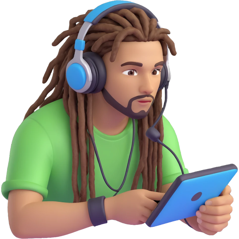 emoji of a guy with dreads, headset on, focused on a video game emoji