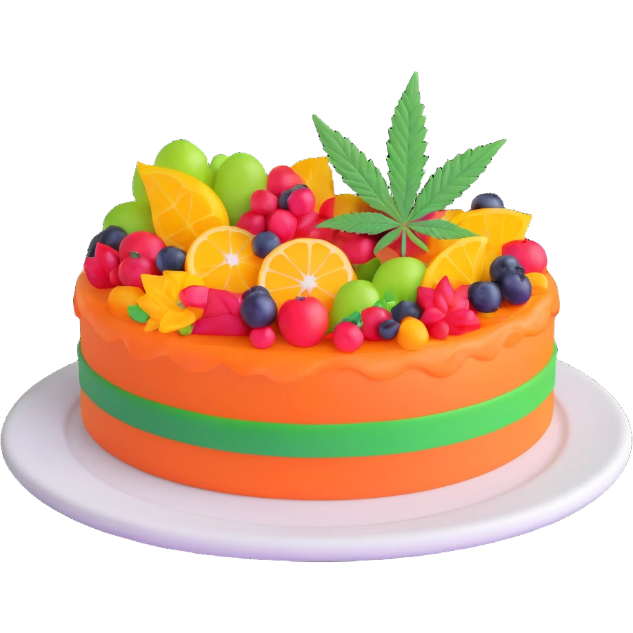 colorful frosted fruit cake with cannabis leaf on a plate emoji