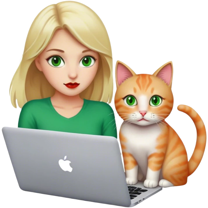 Blonde girl green eyes with apple MacBook and a cat emoji