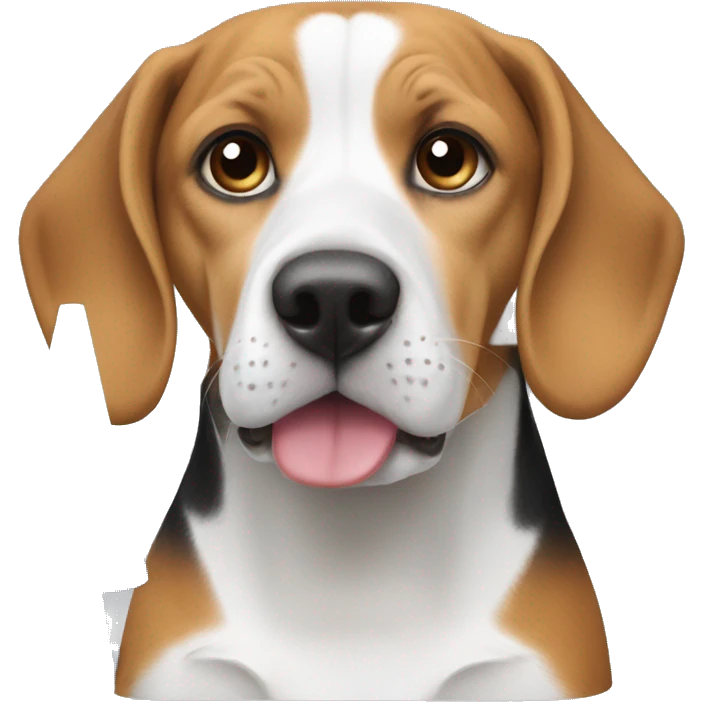 A beagle dog that’s white and tan wearing a blue cone emoji