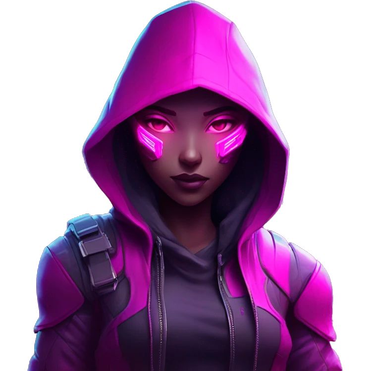 developer behind his laptop with this style : crysis Cyberpunk Valorant neon glowing bright pink girl character dark pink purple black hooded assassin themed character emoji