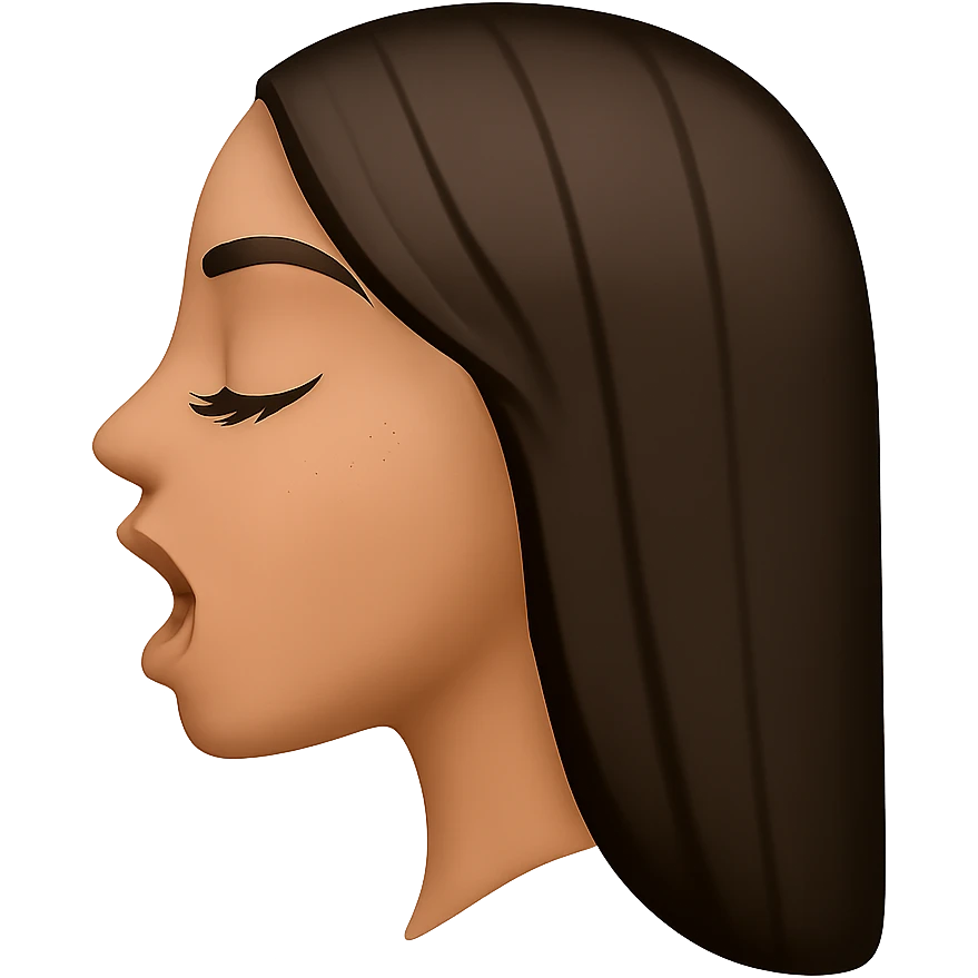 Create a side view (profile) of this woman's head in the normal iPhone emoji style, with closed eyes, long eyelashes, an open mouth, smooth shading, no outlines, and long dark hair. This is variant 3. The style should mimic the iPhone emoji style with smooth shading and no outlines. emoji