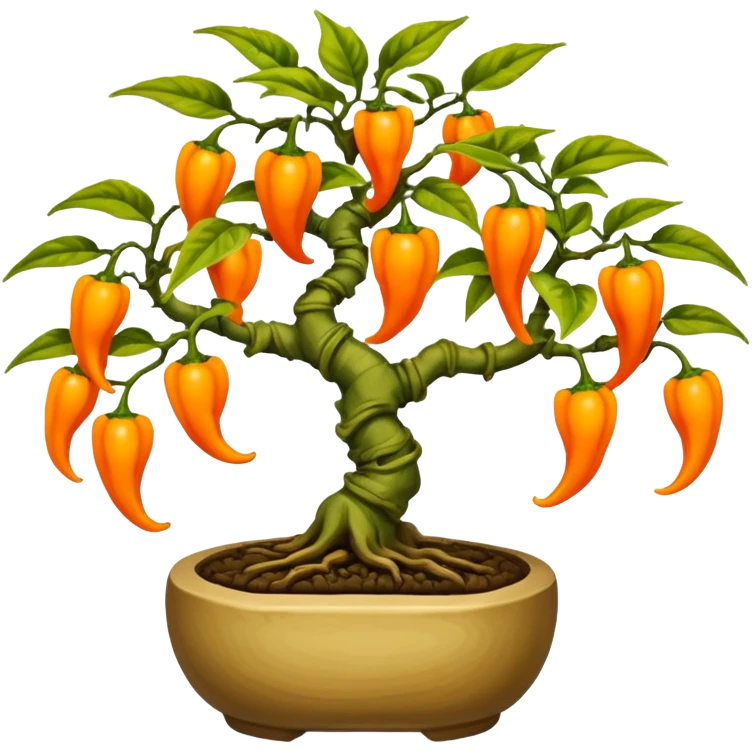 Very Large decorative alien gnarled bonsai pepper plant with fourty minuscule round orange-yellow wild peppers on it  emoji