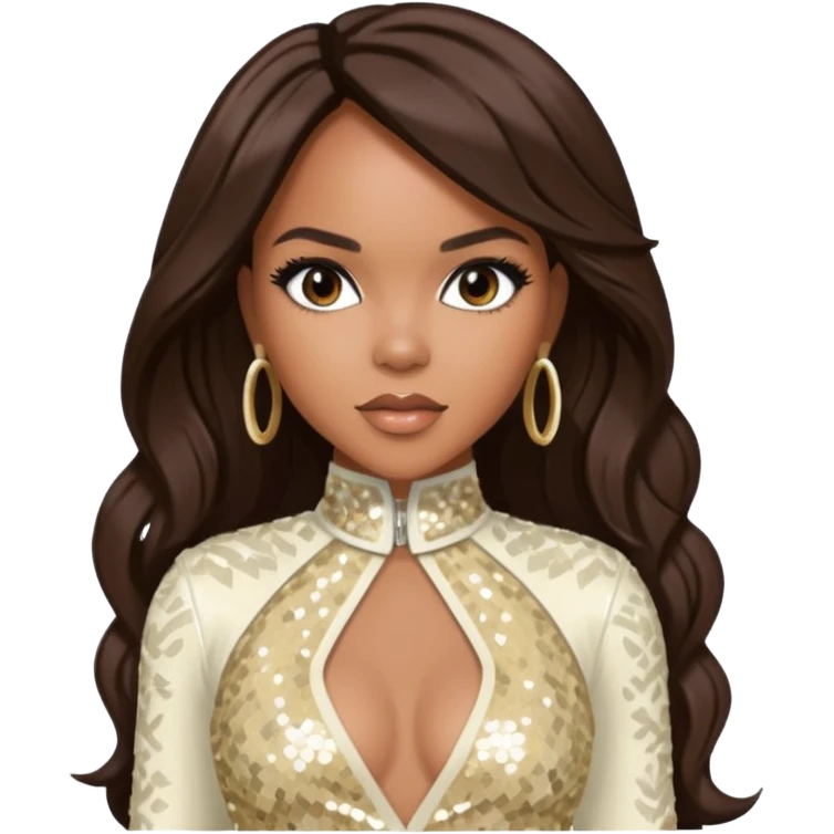 LeToya Luckett from Destiny's Child with long dark brown hair, ivory sequin outfit emoji