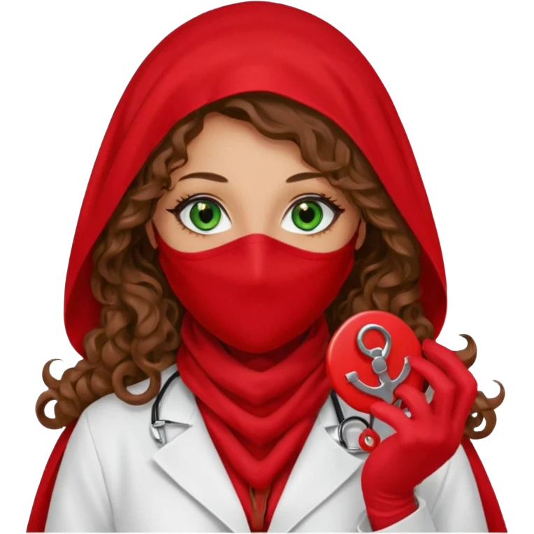 Lilith symbol sexy evil woman. She has green eyes.  had brown long curly hair.  evil surgeon kills with scalpel wears red sexy doctor coat with red mouth cover red gloves. Covers nose, neck  and mouth with Muslim red berka emoji