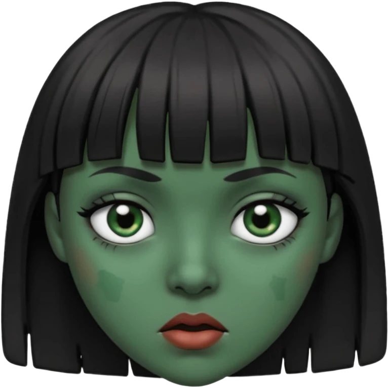 Mulher de franja cabelo preto pele verde bem escuro com a cara machucada com os olhos regalado fundo escuro emoji