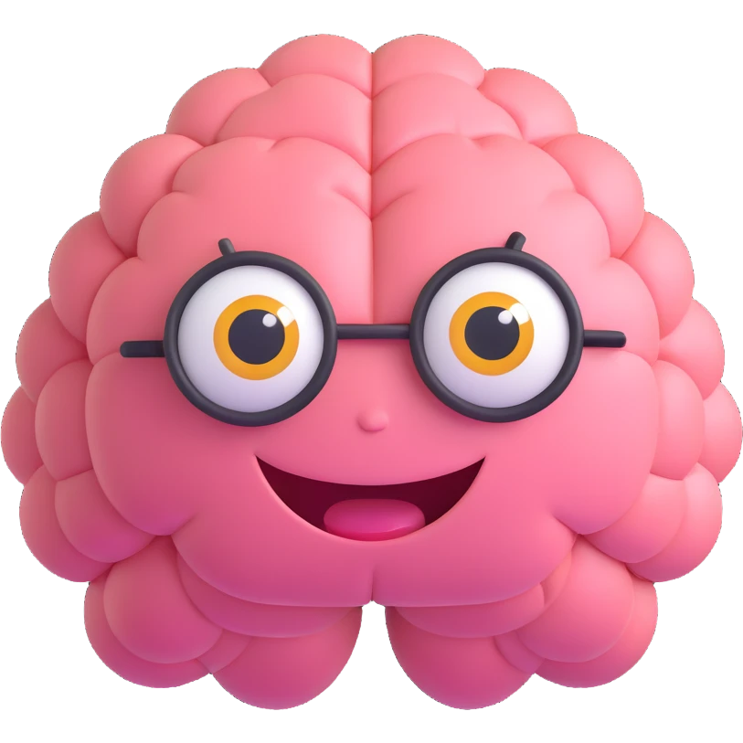 cartoon brain with big eyes and exaggerated smile, shiny 3D style emoji