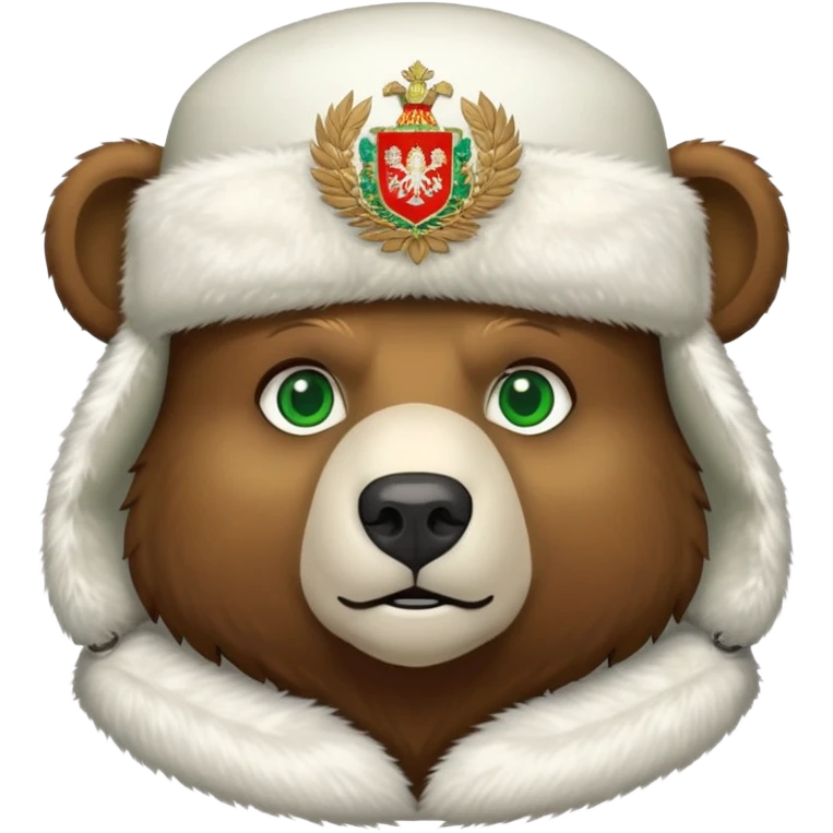 Bear head only, brown fur and green eyes, white ushanka hat with extremely accurate Russian Federation coat of arms with all correct elements and colors, iOS emoji style emoji