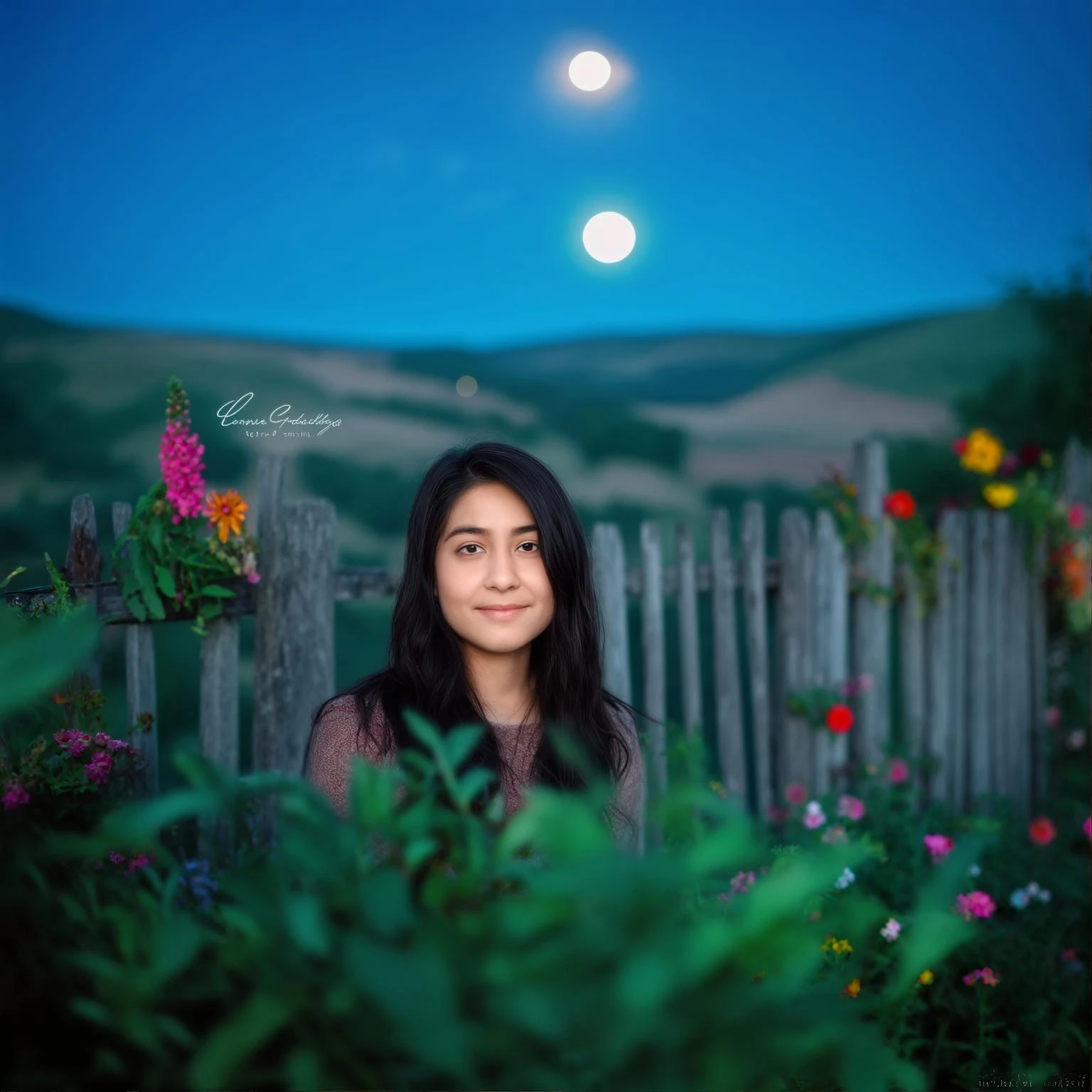 A portrait of a white person in the foreground, blurred plants in the foreground, a wooden fence and colorfull flowers in the midground, rolling hills in the background, cinematic depth of field, layered composition, moon back light (Blue night) emoji