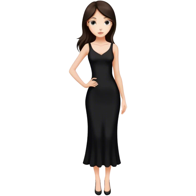 Beautiful skinny woman long dark brown hair in black dress emoji