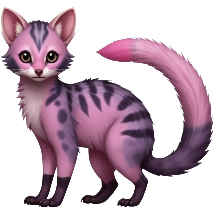 Deep dark pastel bright whitish pale Violet-pink-gradients with darker points Asian painted anime-styled big-eyed shiny glorious divine marked exotic cool beautiful realistic Lykoi-civet-genet-sergal-ocicat-oncilla-animal-Fakémon-hybrid-fursona (full body) emoji