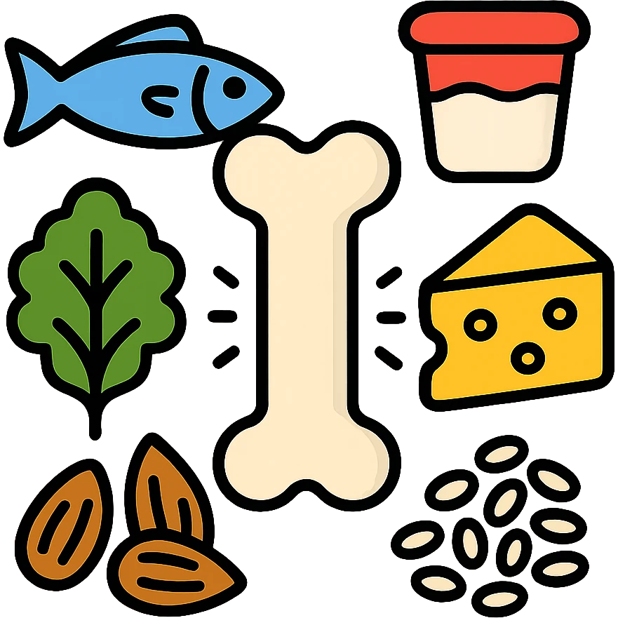 Sources of calcium: sardines, yogurt, cheese, sesame seeds, almonds and kale surrounding a single strong bone emoji