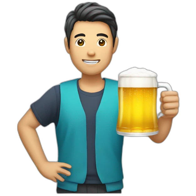 A Japanese man holding beer wearing emoji
