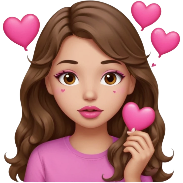girl with long wavy brown hair, brown eyes, light to medium complexion, in a pink shirt, pink lips, long lashes, puckering lips kissing, blushing with hearts emoji