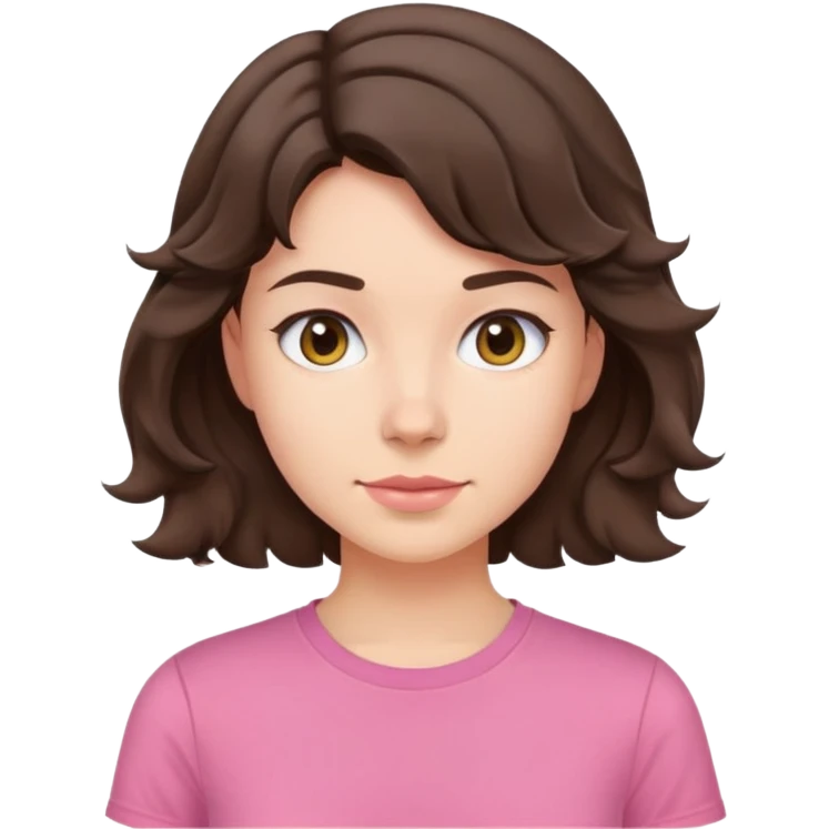 young brunette woman with short wavy hair to shoulders, wearing a pink t-shirt emoji