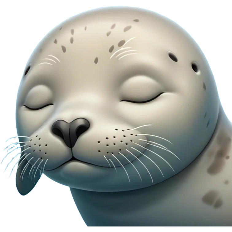 Meme-Worthy Cute Sleeping harbour seal Portrait Emoji, Head resting peacefully with a contented smile, showcasing a smooth, streamlined body and eyes gently closed in serene slumber, Simplified yet adorably endearing features, highly detailed, glowing with a soft, drowsy ocean light, high shine, relaxed and utterly lovable, stylized with an air of playful laziness, soft glowing outline, capturing the essence of a sleeping seal that feels destined to become the next viral icon of adorable rest! emoji