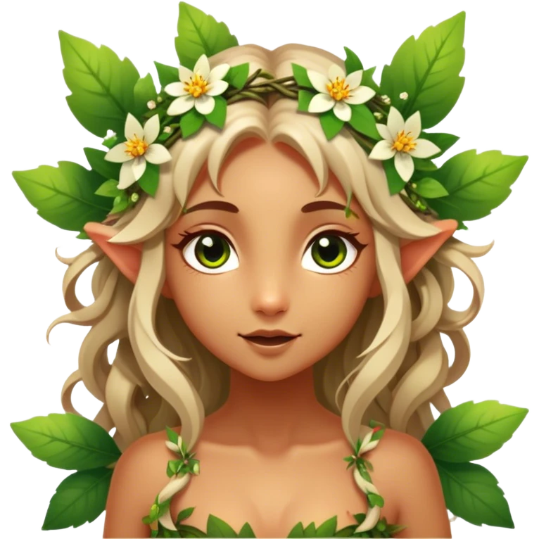 Cinematic Realistic Forest Nymph Fairy Portrait, head tilted playfully and inquisitively, showcasing a nature-inspired form with intricately detailed, sunlit tanned skin and cascading hair interlaced with leaves and blossoms. Her bright, curious eyes sparkle with forest mischief, rendered with lifelike clarity and warm, dappled lighting that captures the spirit of an enchanting woodland fairy ready to dance among the trees. emoji
