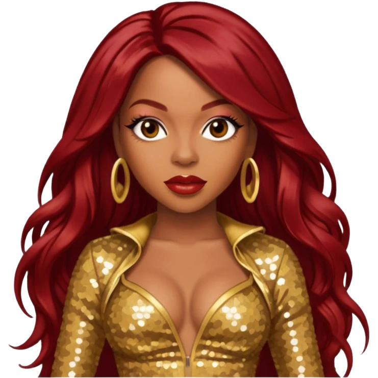 LaTavia Robeson from Destiny's Child with dark red long hair, gold outfit emoji