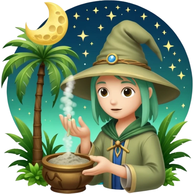 forest alchemist blowing moon dust from palm like spell powder emoji