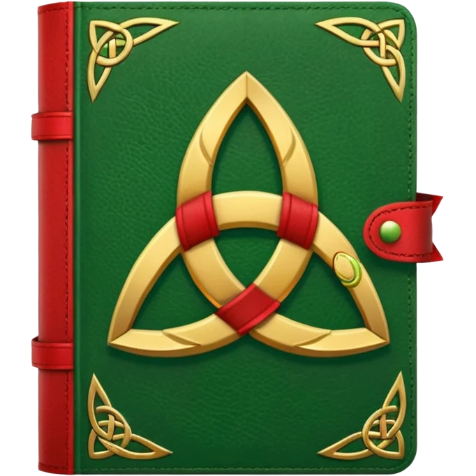 a green closed book with a golden triquetra on it with a red ribbon between the paged emoji