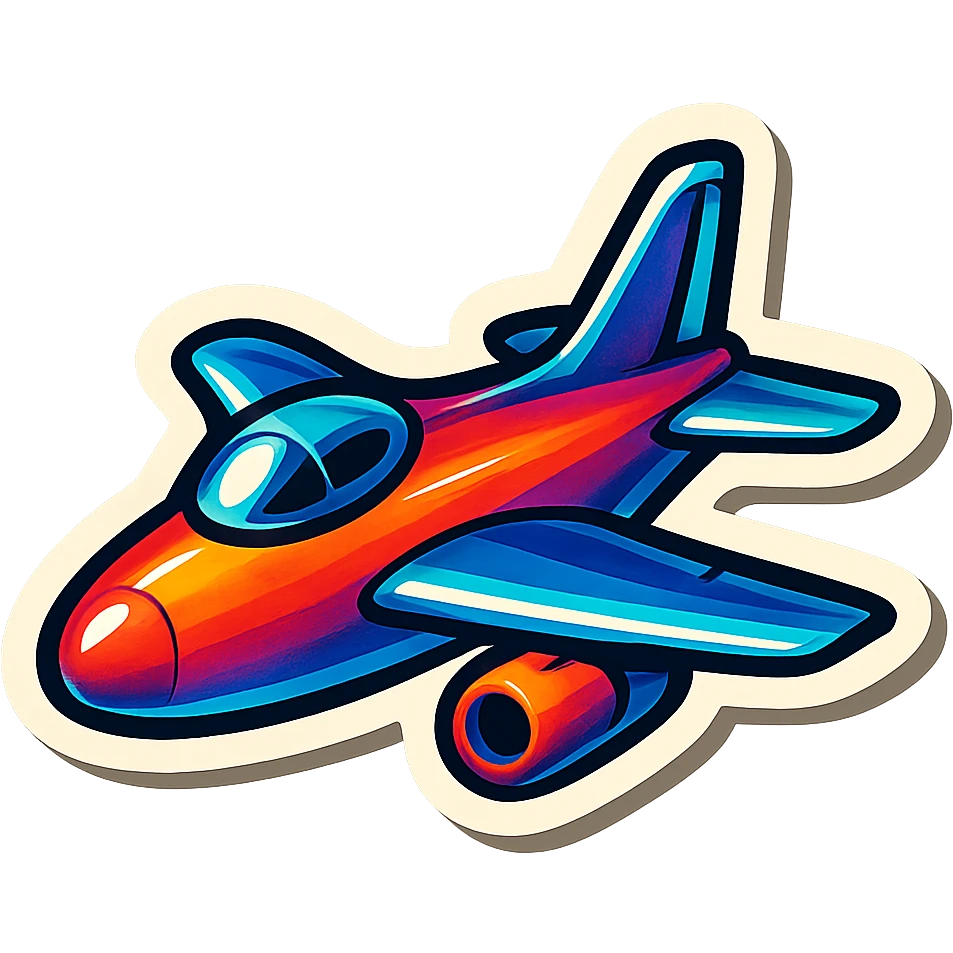 retro sticker-style jet airplane with thick outlines, strong shadows and highlights, vibrant glossy look, bold expressive slightly three-dimensional style like lips with strawberry illustration emoji