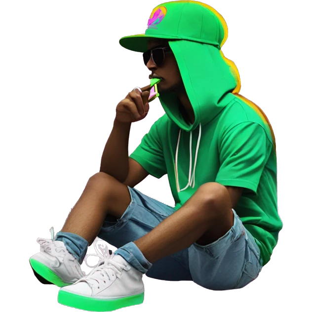 Hemp leaves Multicoloured neon person smoking wearing hoodie dancing hip hop bucket hat tropical Skater fashion aesthetic baggy clothes graphic t shirt 420 emoji
