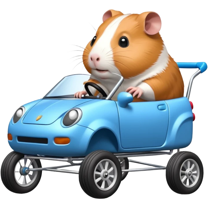 Spectral Racing car whose frame and suspension is made of shopping cart material with a large rear spoiler is being professionally steered driven by a small thin Guinea pig  emoji
