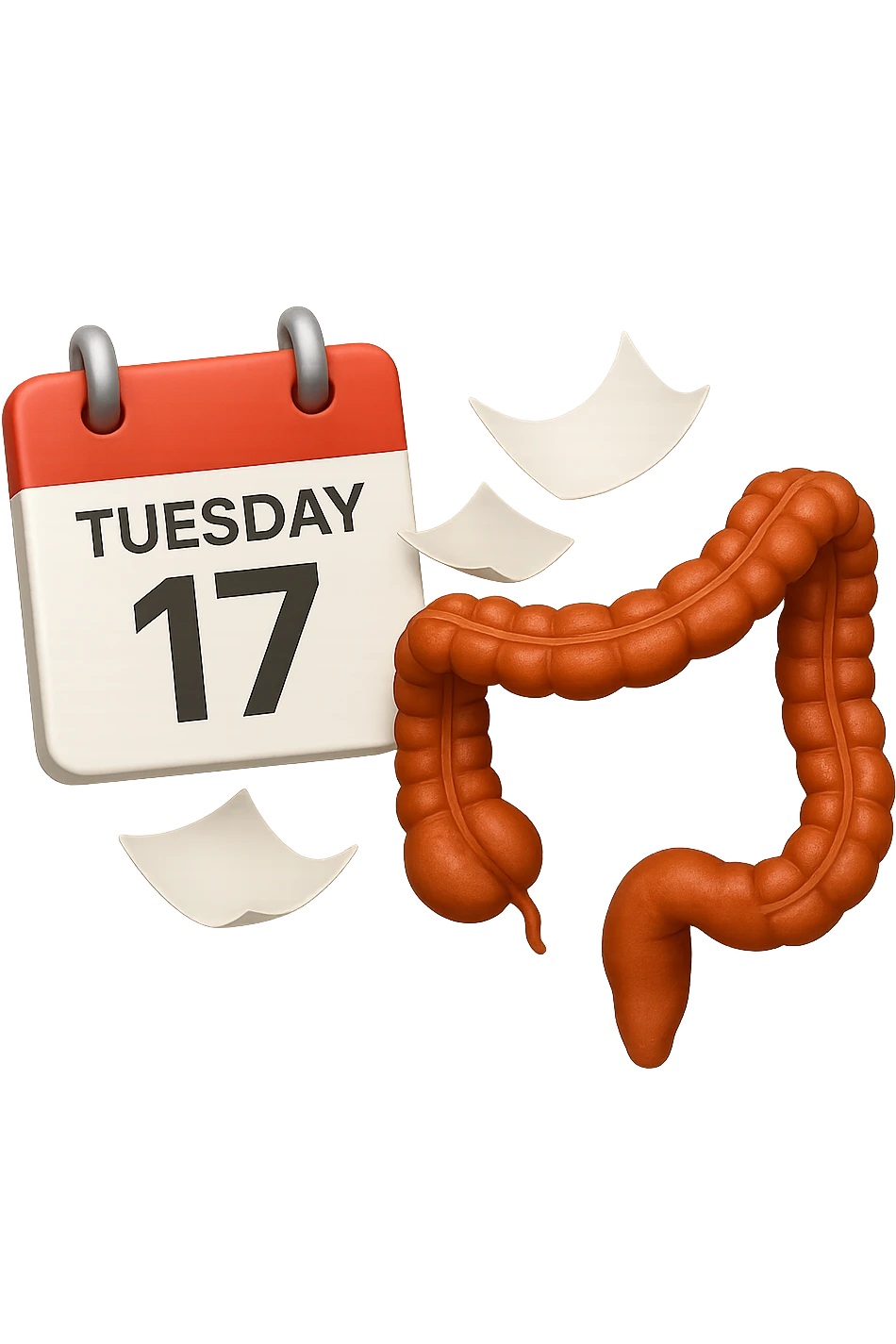 emoji stile iphone di un calendario con fogli che volano insieme a pezzi anatomici di colon umano, iperrealistico 4k, isolato su sfondo bianco emoji