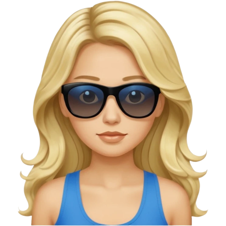 an olive tan woman with long, wavy blonde hair in a blue tank top wearing black Prada sunglasses emoji