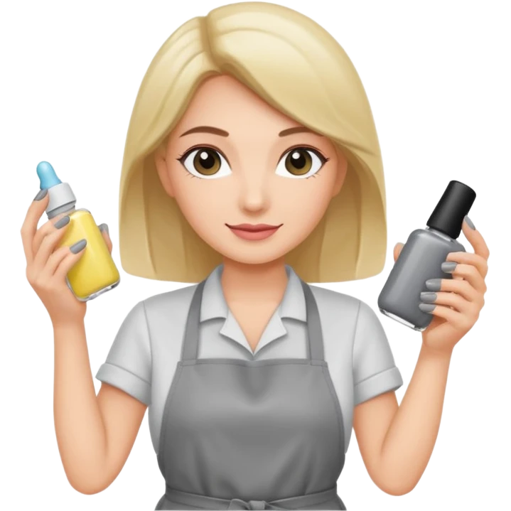 female nail master with small gel polish in hand in grey apron  emoji