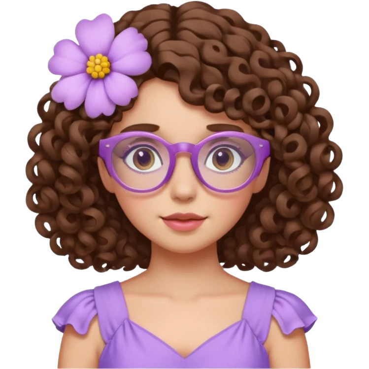 Menina branca de cabelo cachado castanho partido de lado com uma flor no cabelo  e vestido lilás com um óculos rosa claro emoji