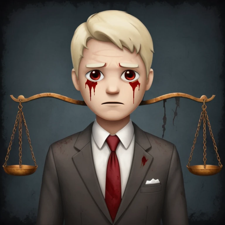 serious true crime-inspired emoji: scale of justice broken, one side lower, cracked base, blood stains, aged and rusty metal, cold white side lighting, dark smoky background, atmosphere of injustice and corruption emoji