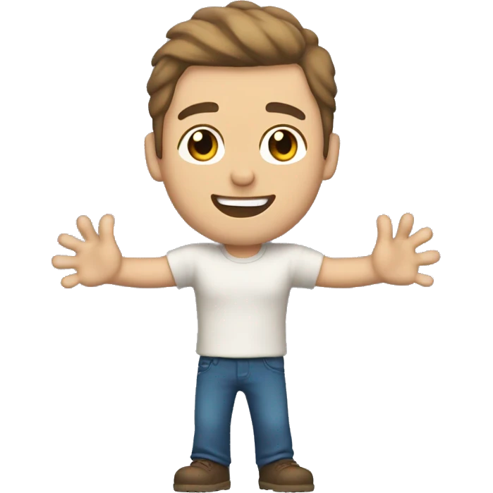 man with arms up in the air, light skintone, brown hair, blue eyes emoji