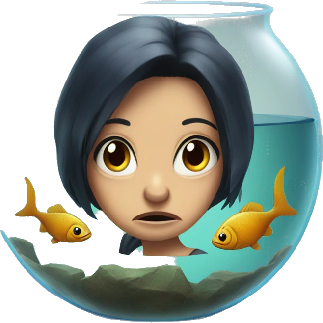 Very old fish in a fishbowl with a angry dark hair girl staring  emoji