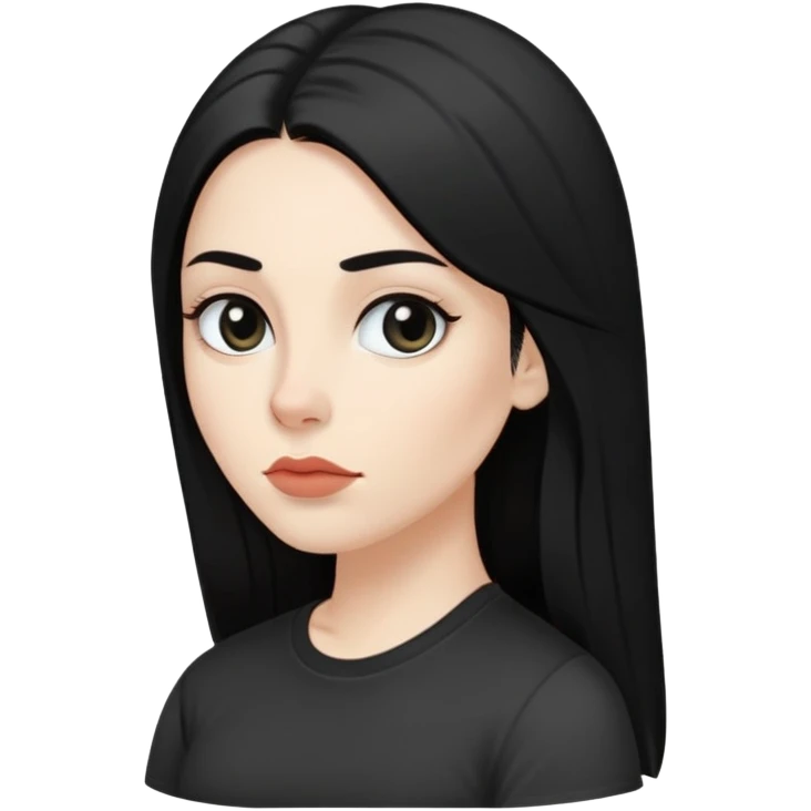 A white-skinned, black-haired woman with long hair, wide, black eyes, slightly full lips, a straight nose, slightly thick eyebrows, and wearing a black T-shirt  emoji