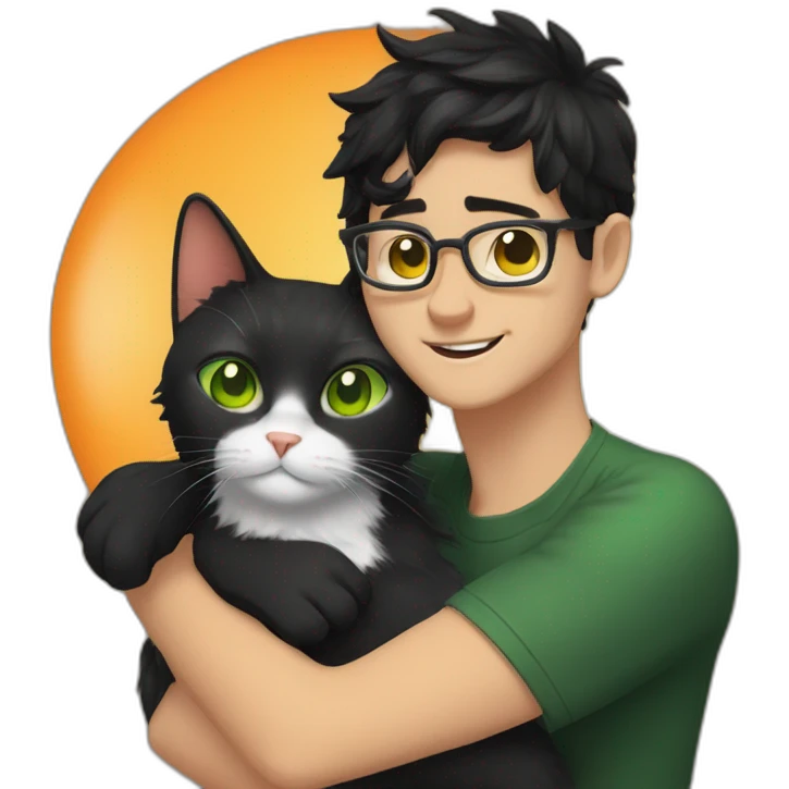 White guy with green eyes, black hair and with glasses hug orange percian cat emoji